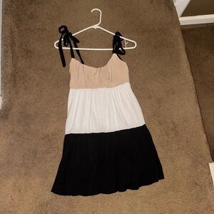 Elegant Color Block Dress - Black, White, and Tan
